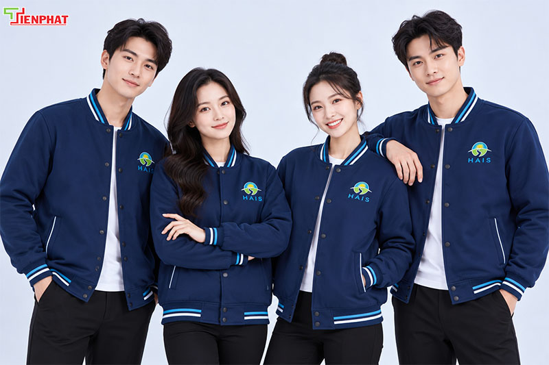 Mẫu áo bomber đồng phục sự kiện màu xanh đen, kiểu dáng trẻ trung