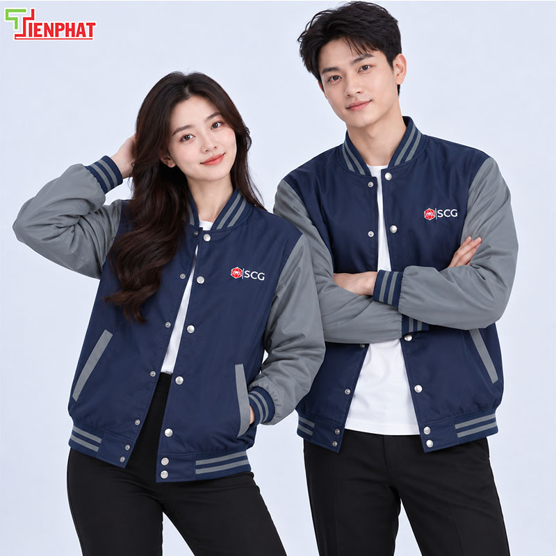 Áo bomber đồng phục bằng vải dù màu xanh navy phối tay xám, có nút bấm và logo trước ngực