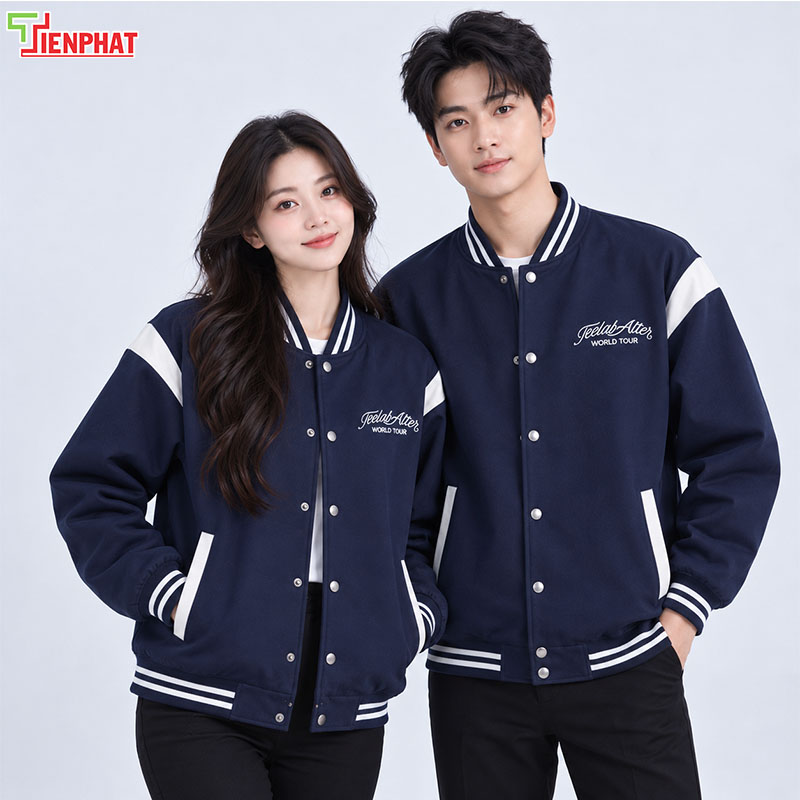 Áo bomber đồng phục phong cách varsity màu xanh navy phối trắng dành cho lớp học, hội nhóm và doanh nghiệp